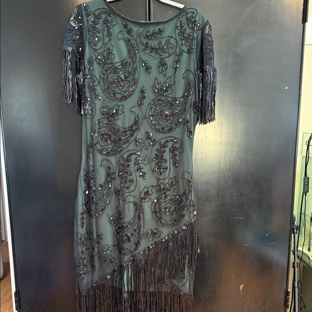Asymmetrical Fringe Cocktail Dress in Green